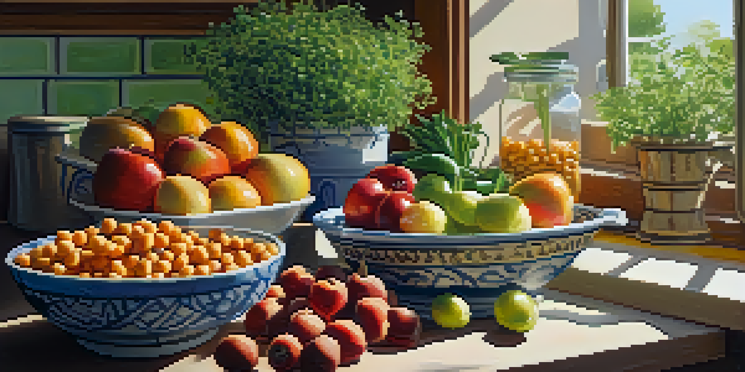 A bright kitchen with a wooden countertop displaying colorful fruits, vegetables, and whole grains, including chickpeas and flaxseeds, under soft morning light.