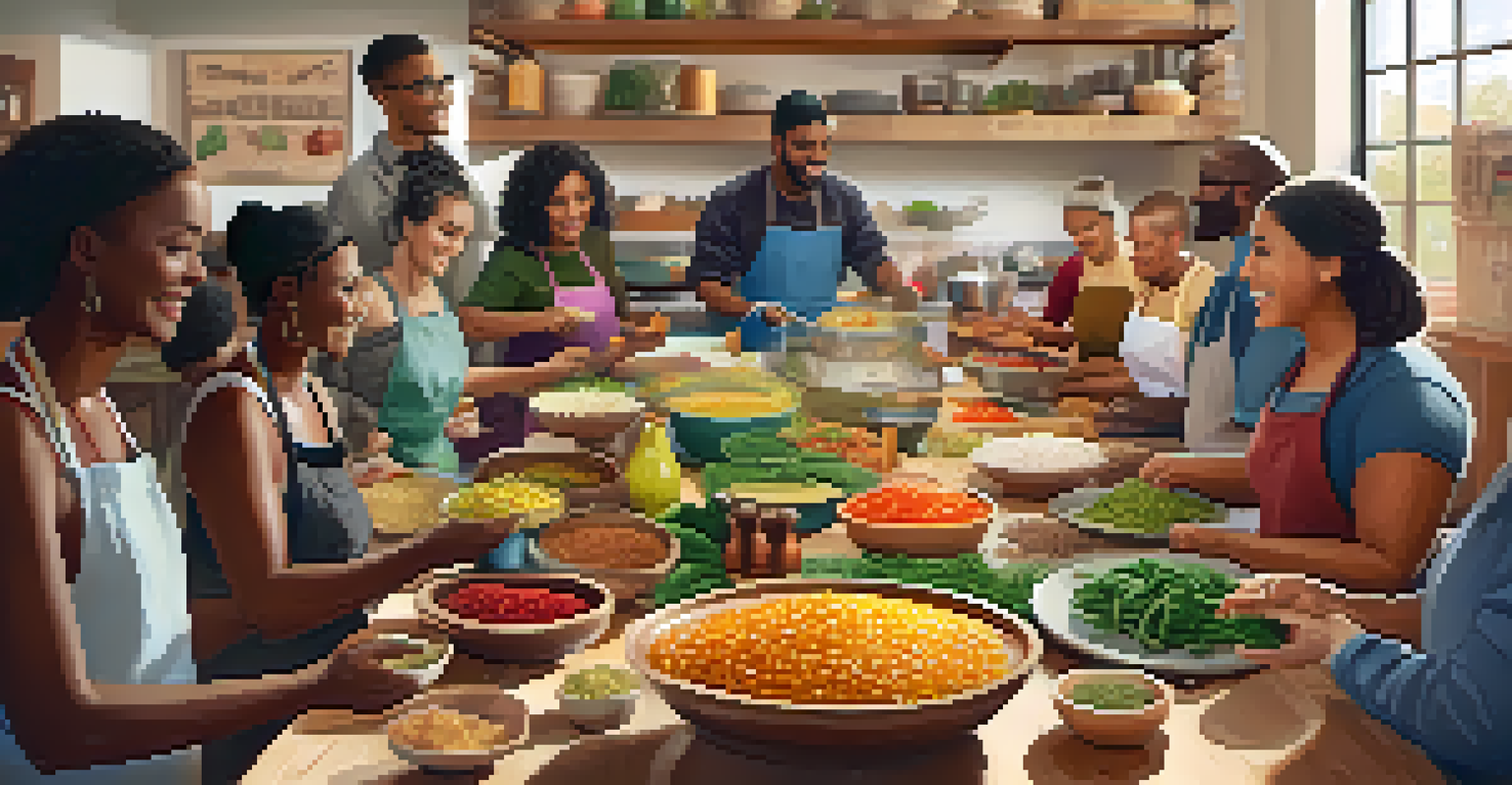 A group of diverse individuals cooking together at a table filled with colorful vegan ingredients.
