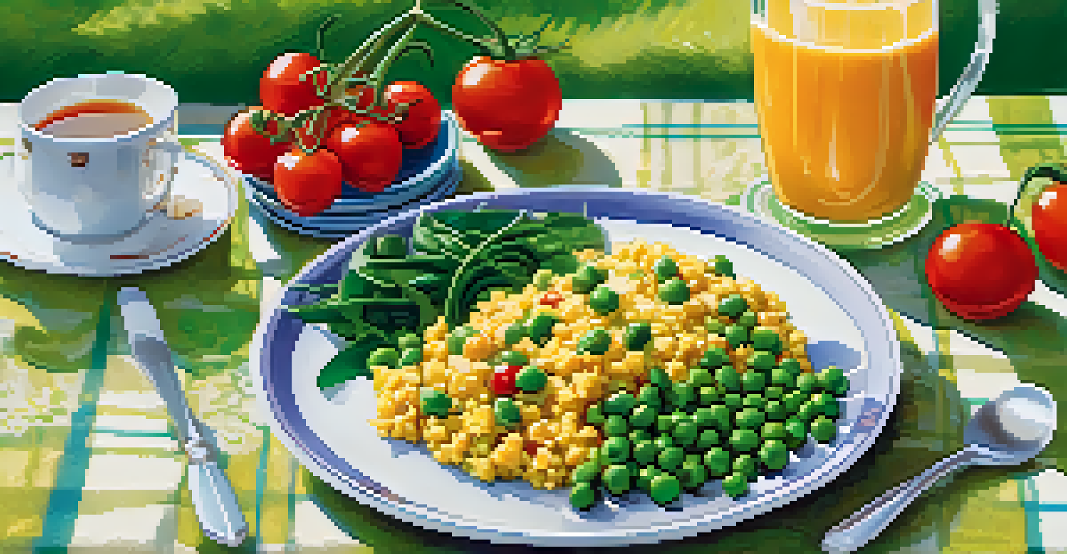 A breakfast plate with tofu scramble mixed with green peas and cherry tomatoes, alongside a cup of herbal tea.