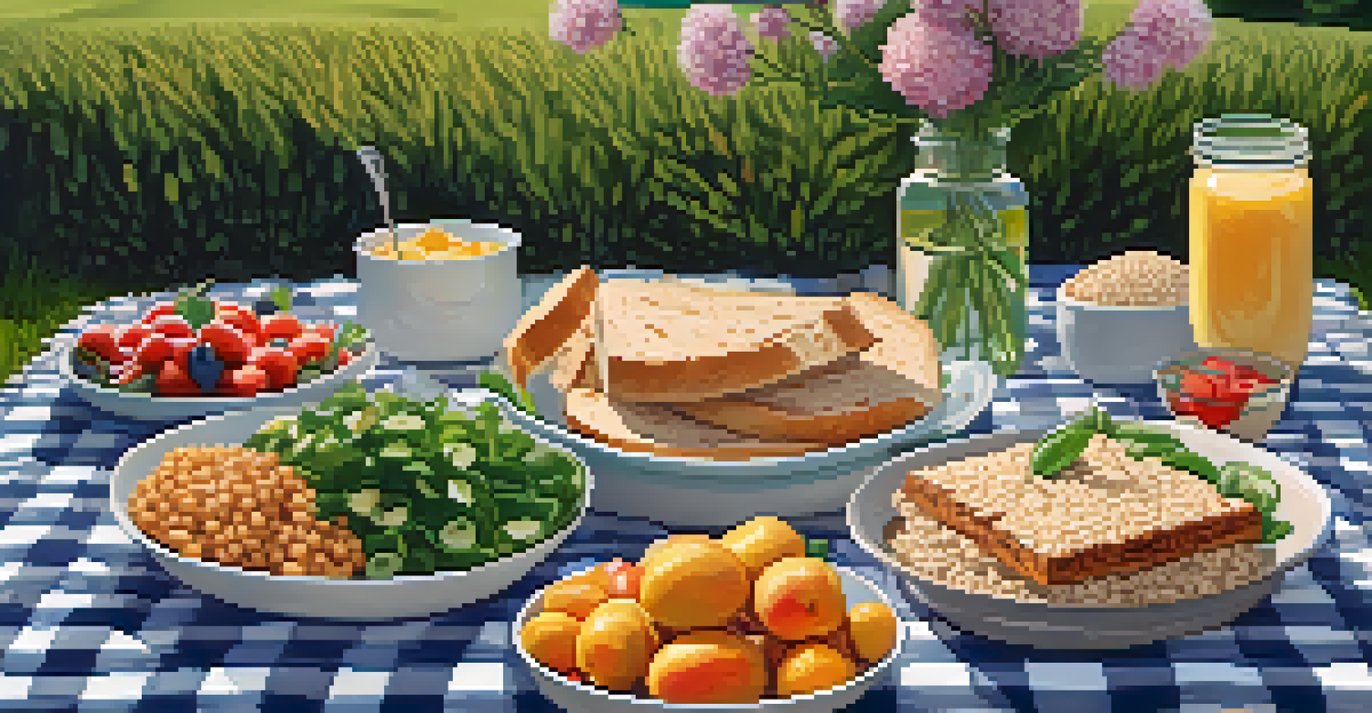 An outdoor picnic with a vegan meal on a checkered blanket, surrounded by flowers and sunlight.