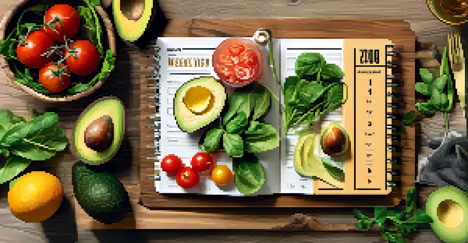 An overhead view of a weekly meal planner with colorful notes and fresh vegan ingredients on a wooden table.