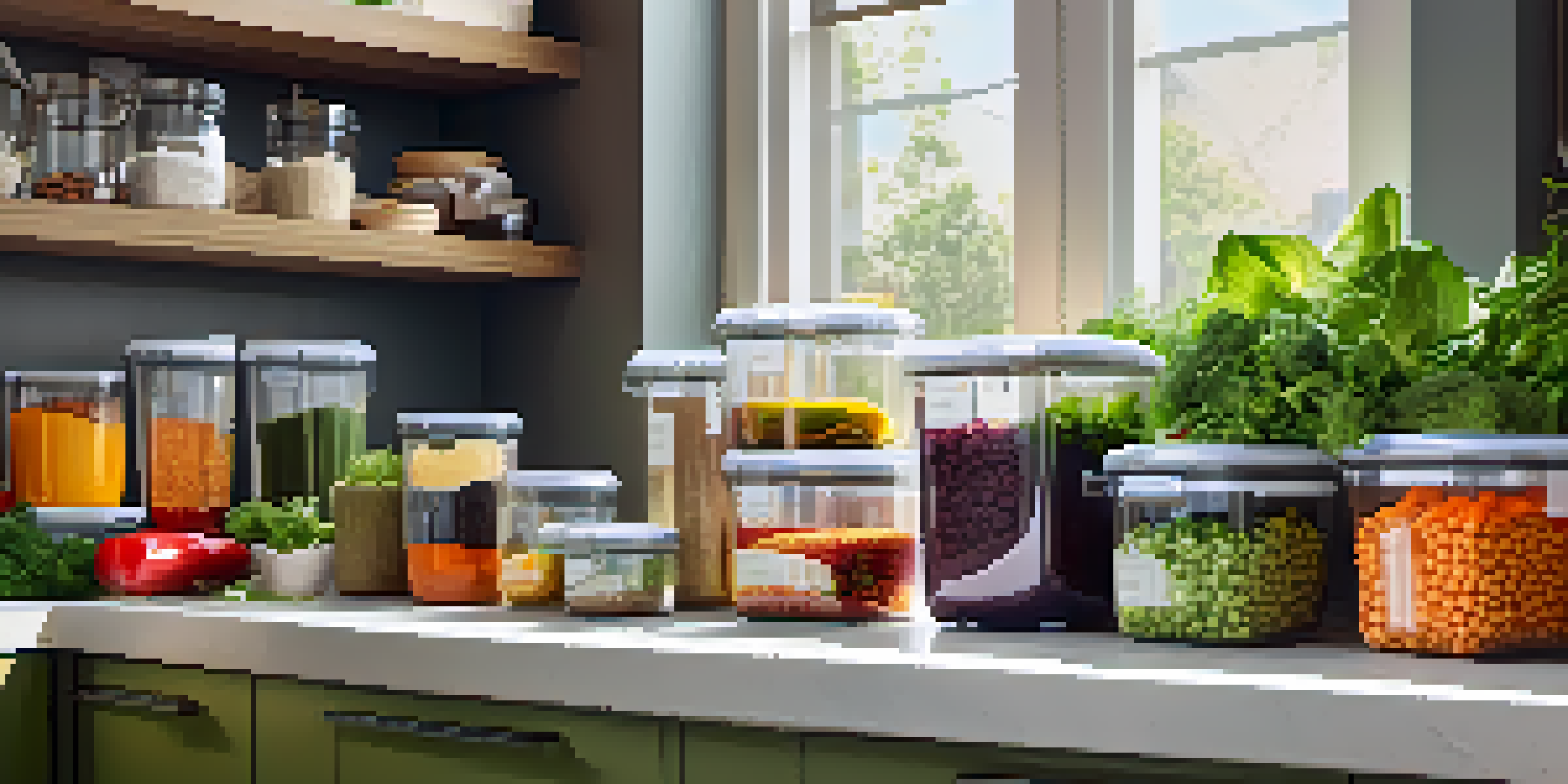 A vegan meal prep station with glass containers filled with colorful vegetables and grains, set in a bright modern kitchen.