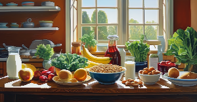 A kitchen table filled with various vegan foods like leafy greens, tofu, and almonds, illuminated by sunlight.
