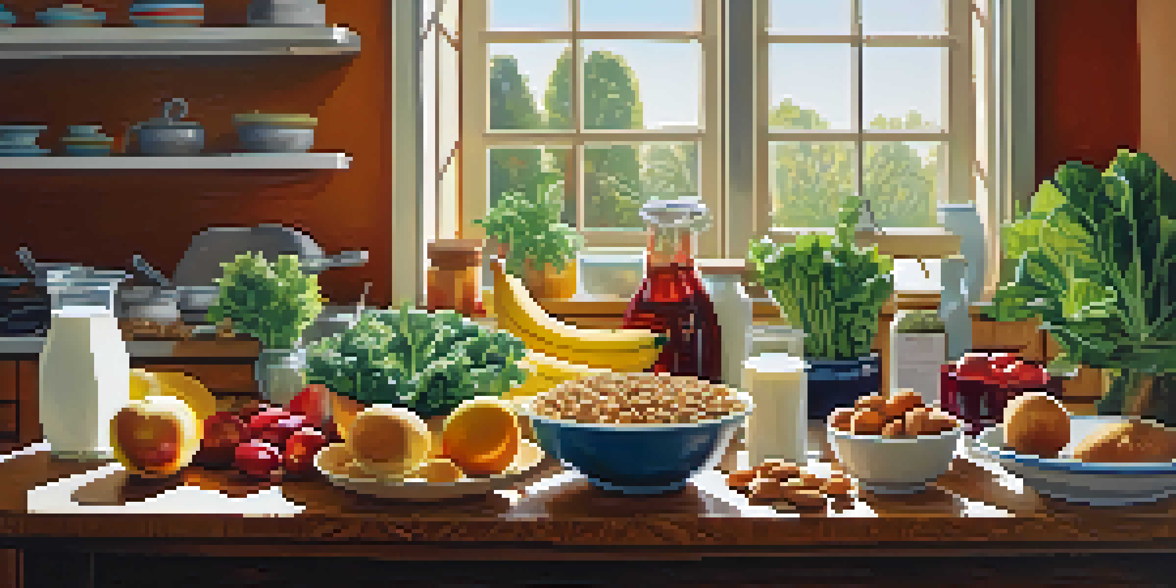 A kitchen table filled with various vegan foods like leafy greens, tofu, and almonds, illuminated by sunlight.
