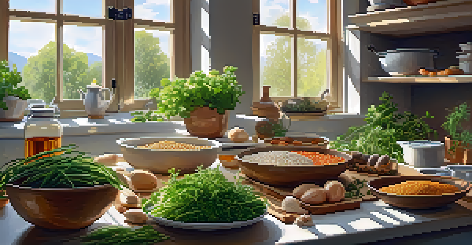 A cozy kitchen with a wooden table loaded with plant-based ingredients and sunlight streaming through the window.