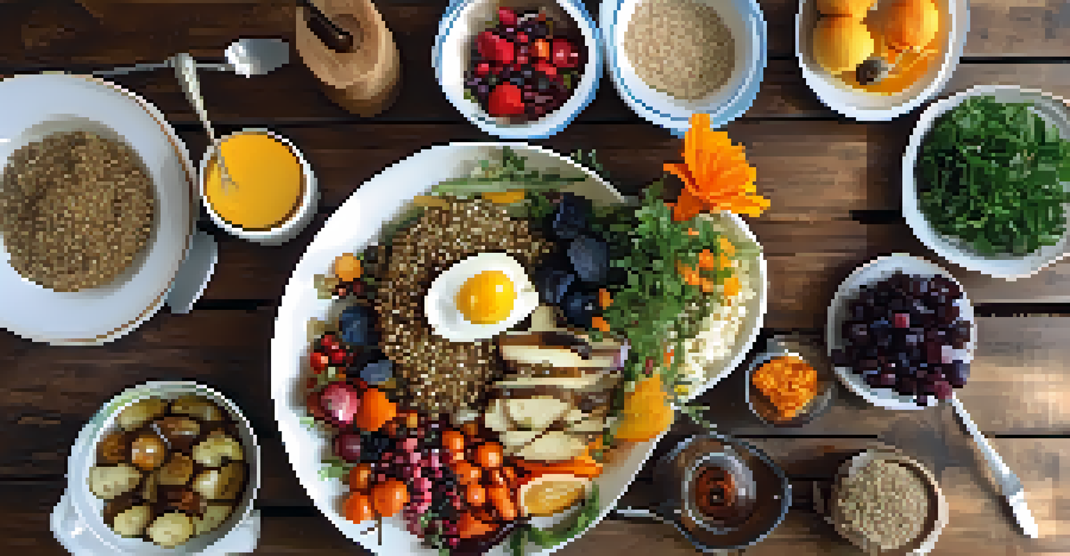 An overhead view of a beautifully arranged vegan meal on a wooden table, with various colorful dishes and soft natural lighting.