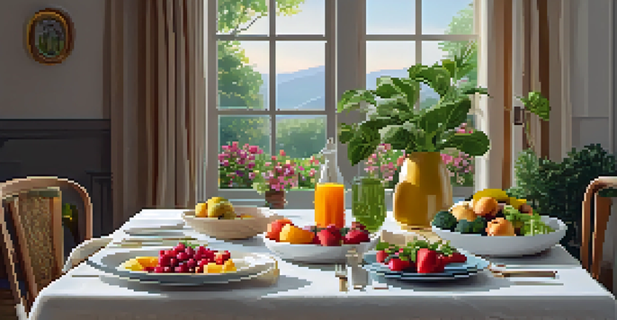 A beautifully arranged dining table with colorful vegan dishes and soft lighting, creating a calming atmosphere for mindful eating.