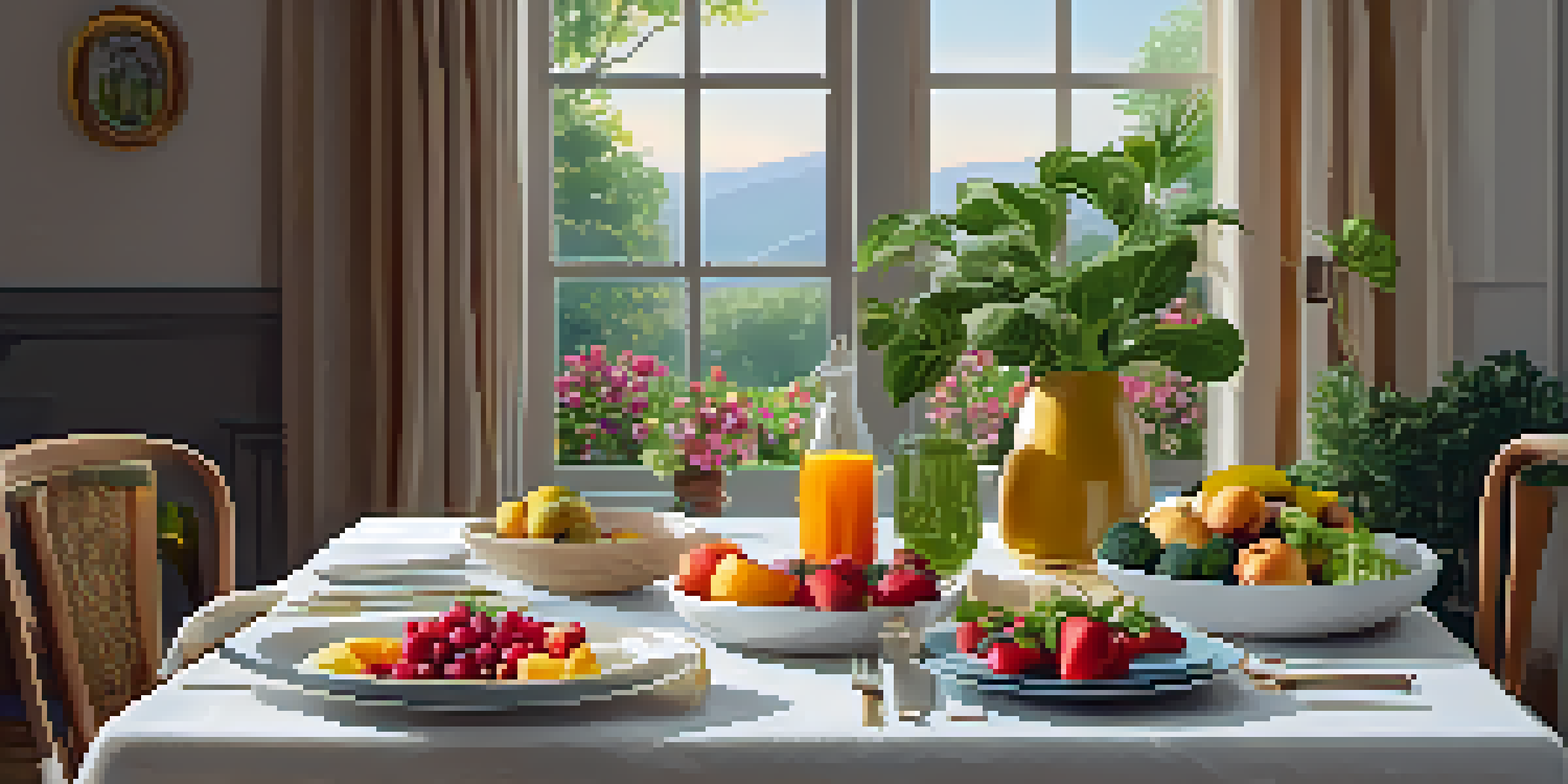 A beautifully arranged dining table with colorful vegan dishes and soft lighting, creating a calming atmosphere for mindful eating.