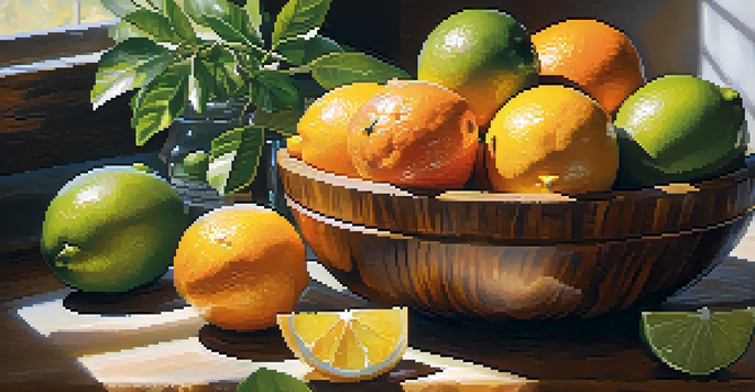A colorful display of fresh citrus fruits in a wooden bowl, illuminated by soft sunlight.