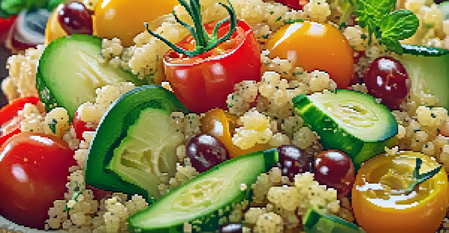 A close-up of a colorful vegan quinoa salad with fresh vegetables and dressing.