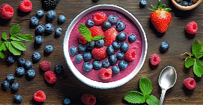 A colorful smoothie bowl filled with fresh berries, placed on a wooden table with yogurt and scattered berries around it.