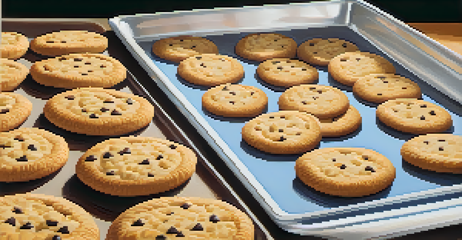 A close-up of golden brown cookies on a baking tray, with a bowl of canola oil and scattered chocolate chips in the frame.