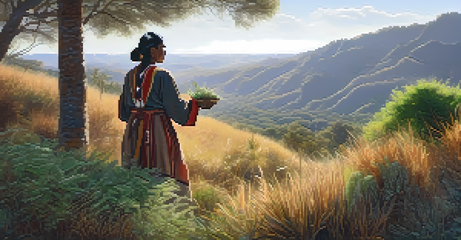 An Indigenous person in traditional clothing gathering herbs in a natural setting, highlighting their hands and the surrounding plants with sunlight filtering through.