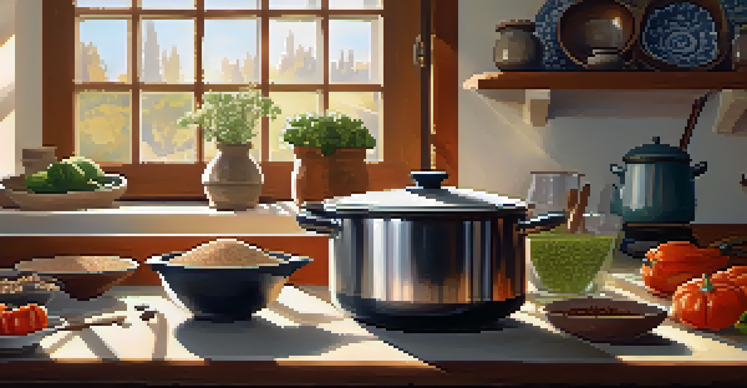 A pot of quinoa cooking on the stove with fresh vegetables and spices in the background, illuminated by sunlight.