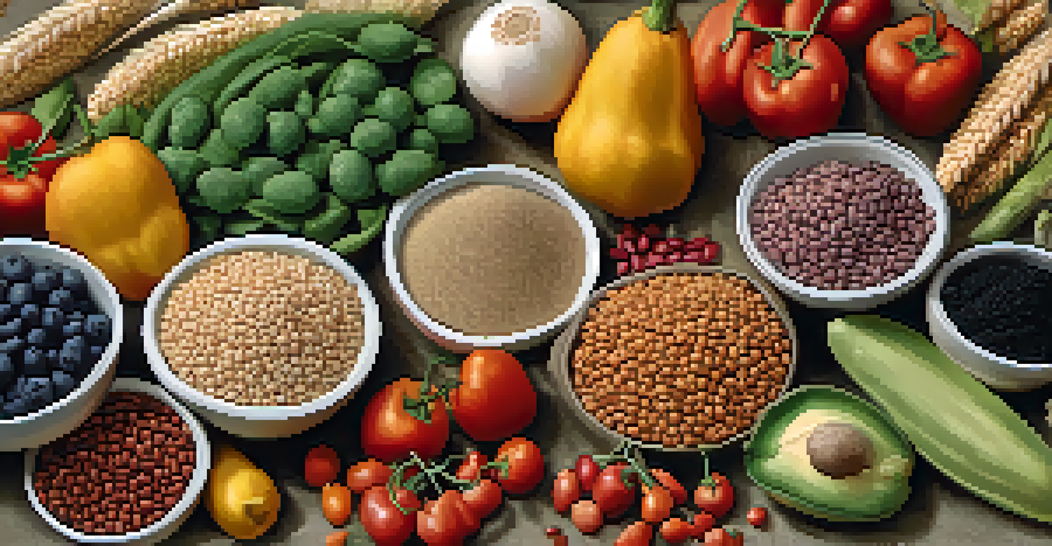 An artistic display of essential vegan ingredients such as whole grains, legumes, fruits, and vegetables arranged on a textured fabric background with labels.