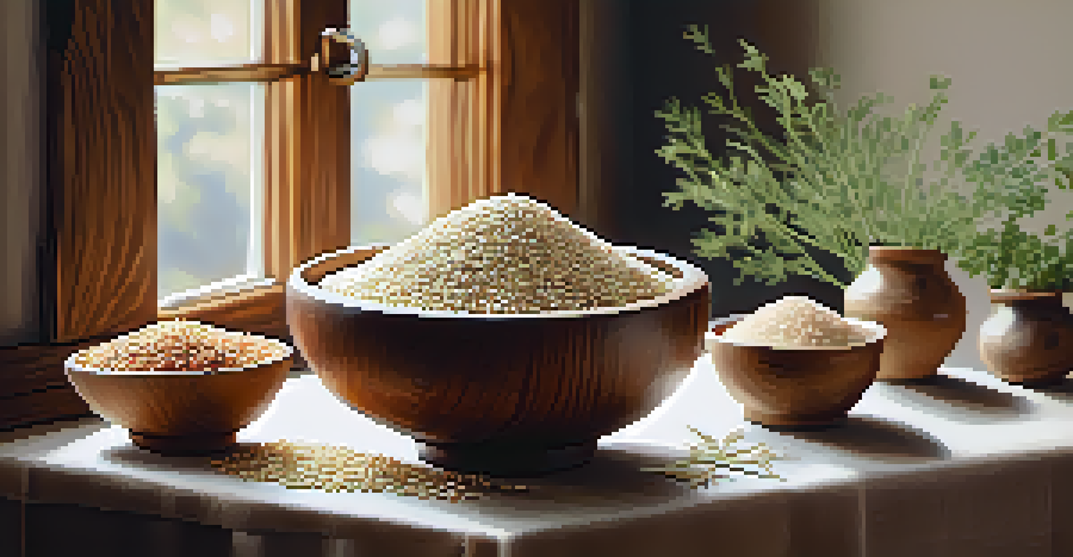 A wooden bowl filled with various whole grains, beautifully arranged with fresh herbs.