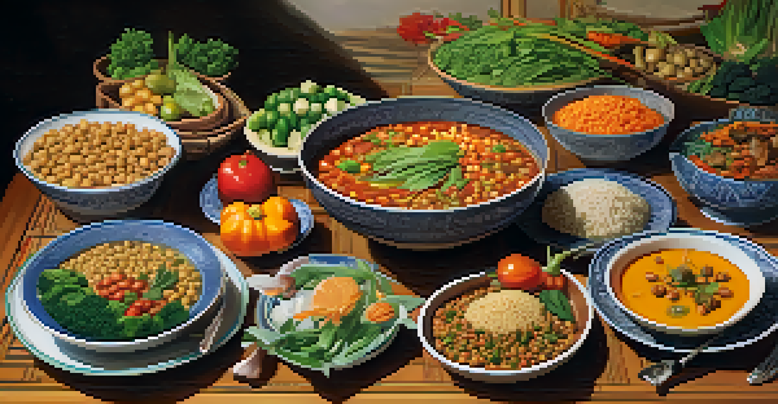 A beautifully arranged table featuring traditional dishes from various cultures, reimagined as vegan meals, highlighting vibrant colors and textures.