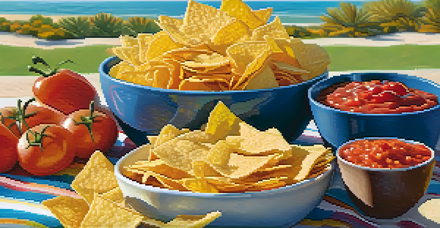 A bowl of colorful veggie chips next to containers of guacamole and salsa, set on a picnic blanket in a sunny outdoor setting.