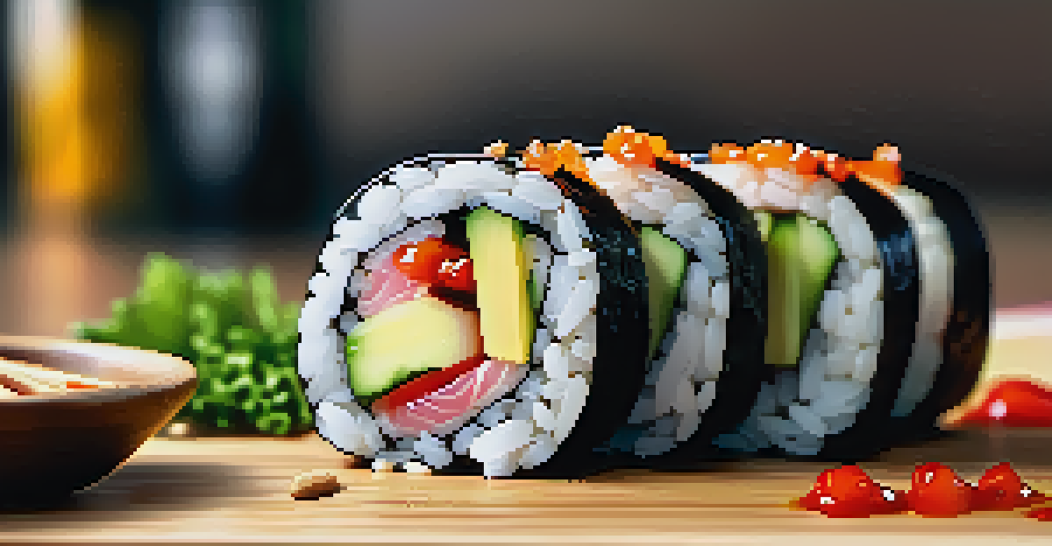 A close-up view of a vegan sushi roll being sliced, showcasing colorful filling ingredients on a wooden cutting board.