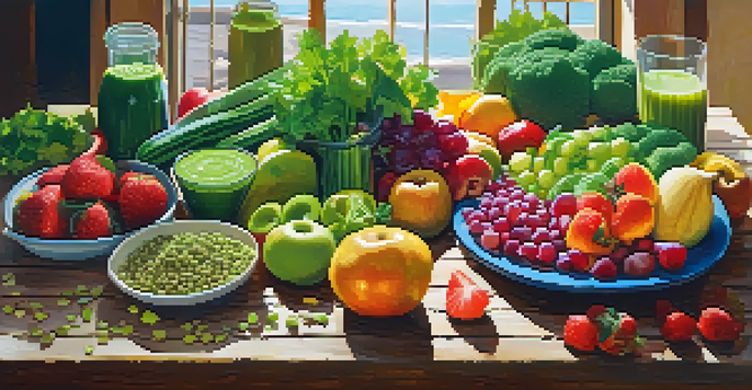 A colorful vegan meal arrangement featuring fruits, vegetables, legumes, and grains on a wooden table, illuminated by natural sunlight.