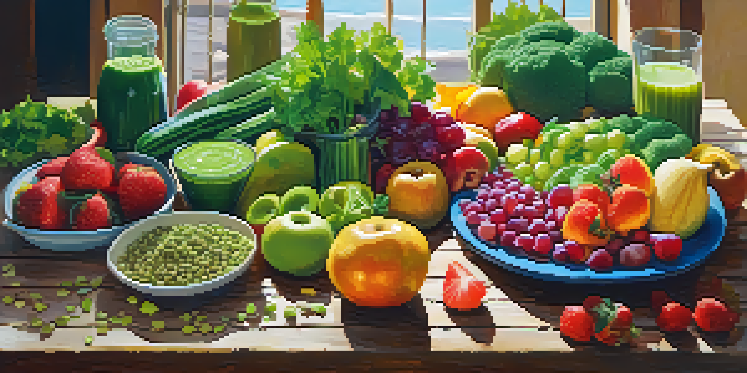 A colorful vegan meal arrangement featuring fruits, vegetables, legumes, and grains on a wooden table, illuminated by natural sunlight.