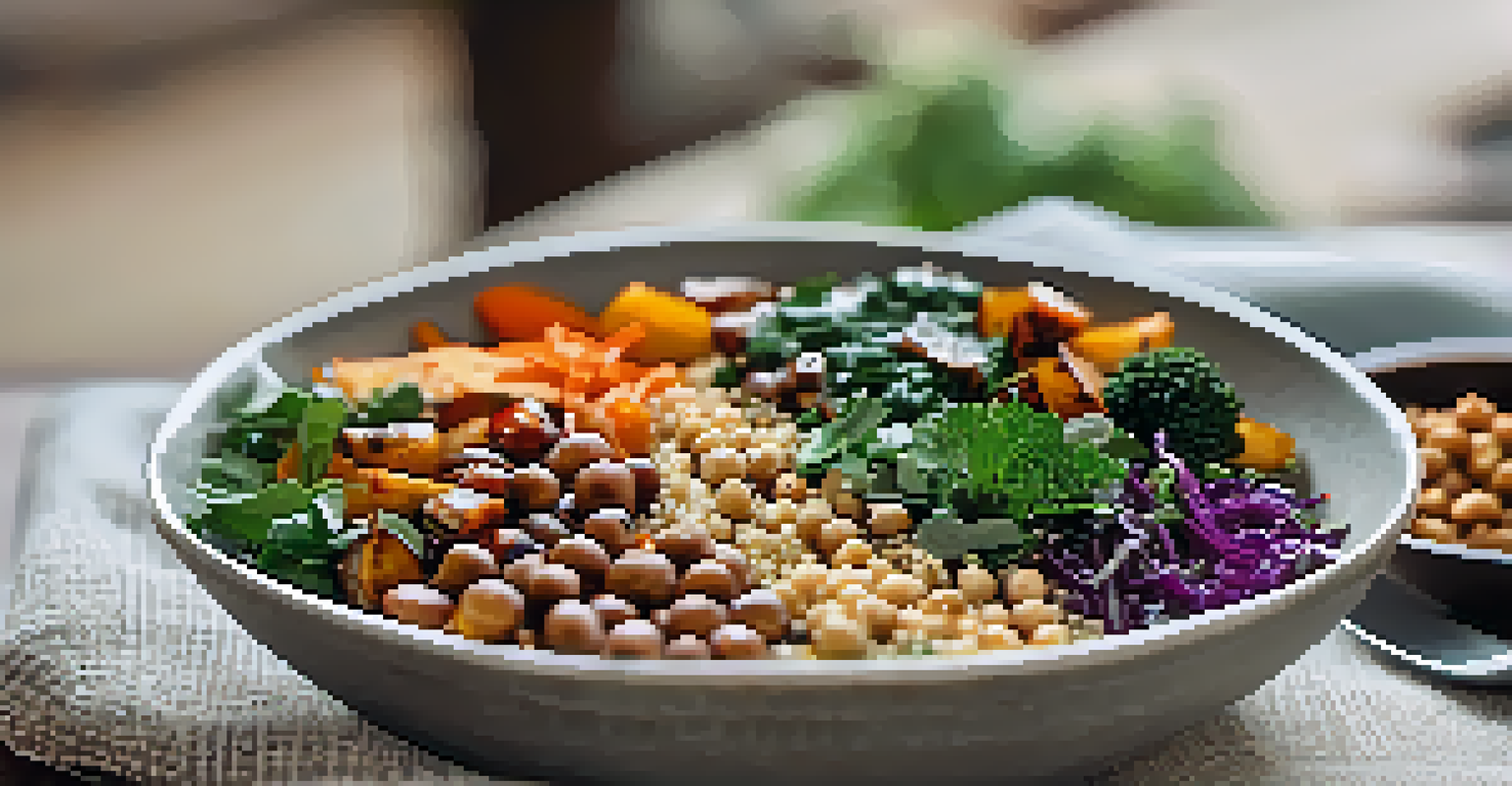 A colorful vegan buddha bowl filled with quinoa, vegetables, and chickpeas, placed on a fabric mat with a fork, set in a cozy dining area.
