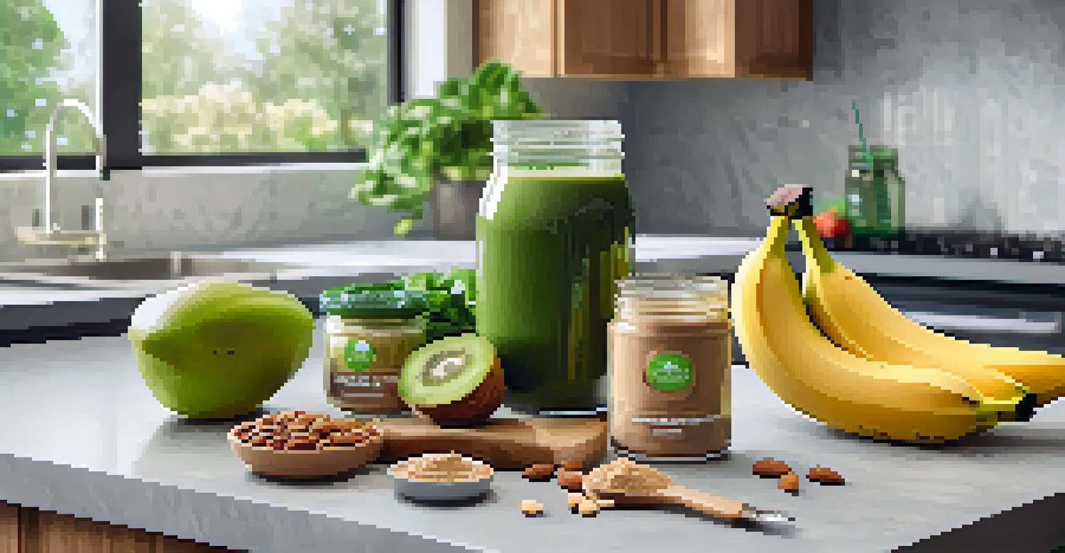 A kitchen countertop with a pre-workout snack of a banana and almond butter, alongside a green smoothie in a glass, set in a bright kitchen.
