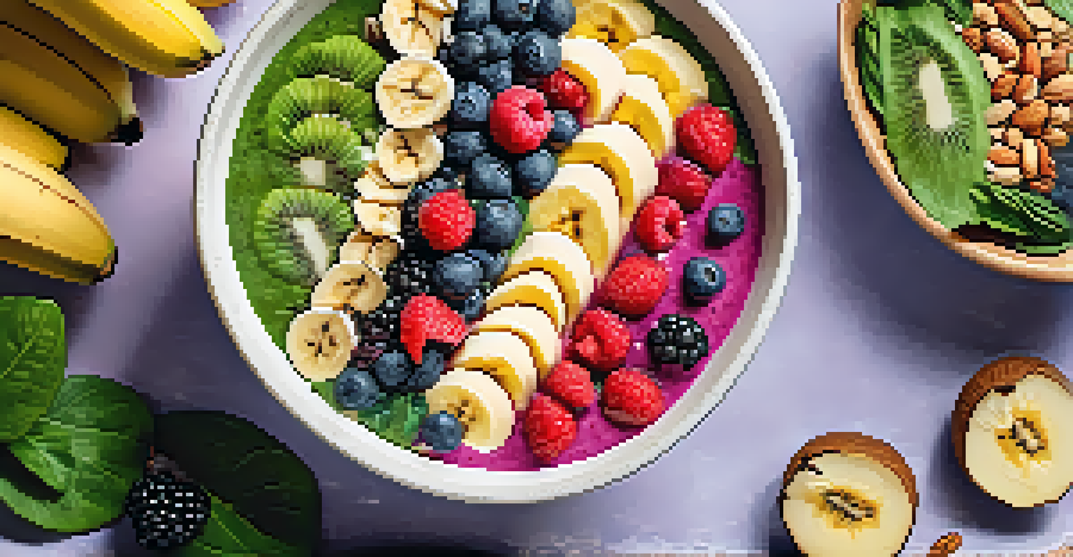 A smoothie bowl in a coconut shell filled with berries, bananas, and spinach, garnished with nuts and seeds, surrounded by tropical plants.