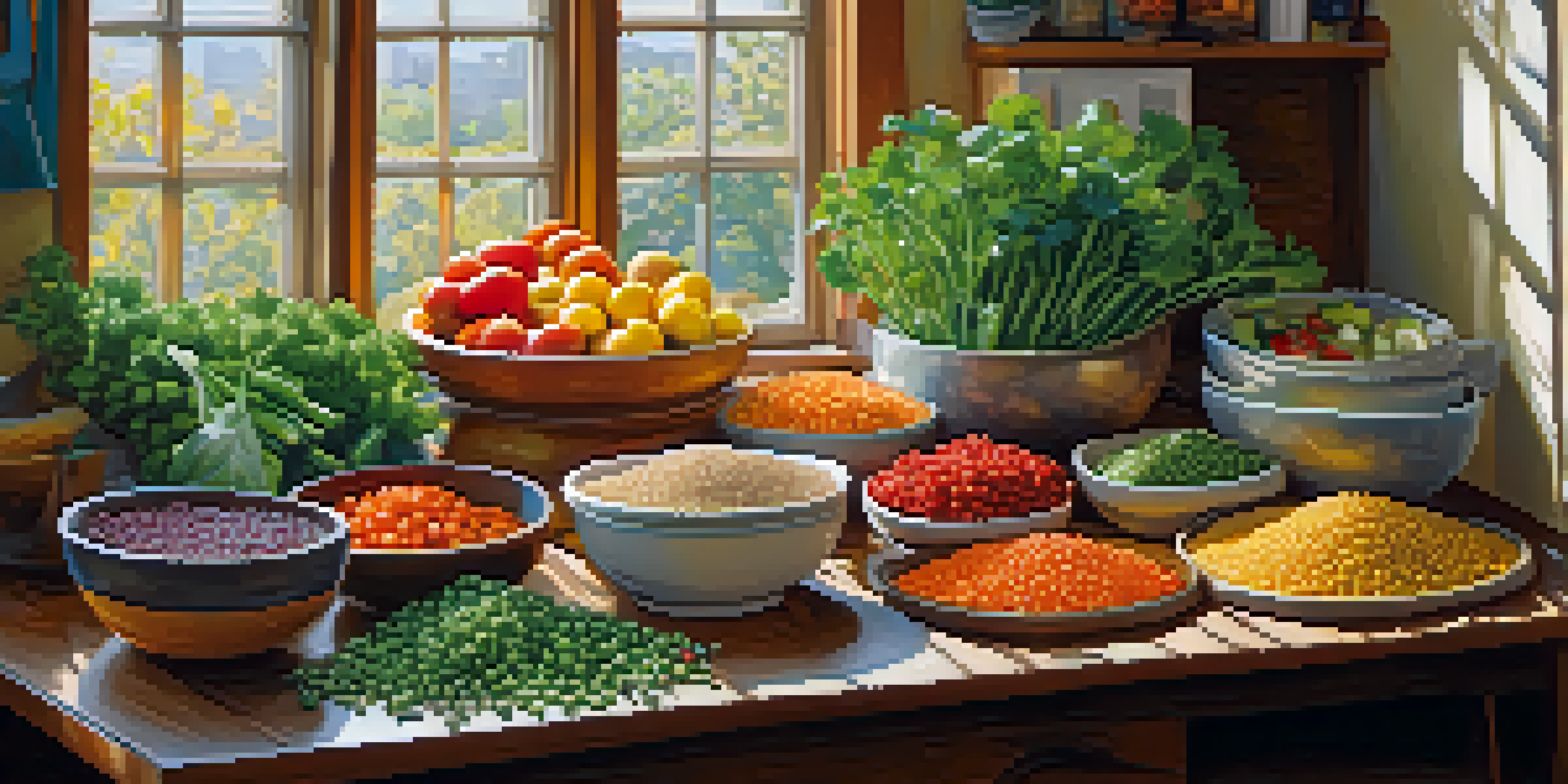 A bright kitchen with a wooden table displaying various fresh vegan ingredients including quinoa, chickpeas, and chopped vegetables, illuminated by natural light.