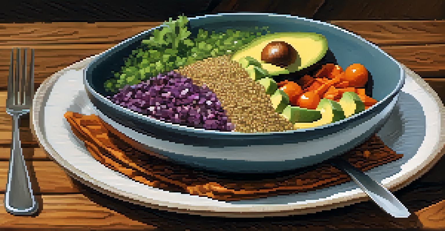 A close-up of a bowl with quinoa, roasted vegetables, and avocado on a wooden table.