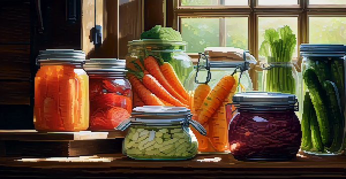 A rustic kitchen with various jars of colorful fermented vegetables on a wooden countertop, illuminated by soft natural light.