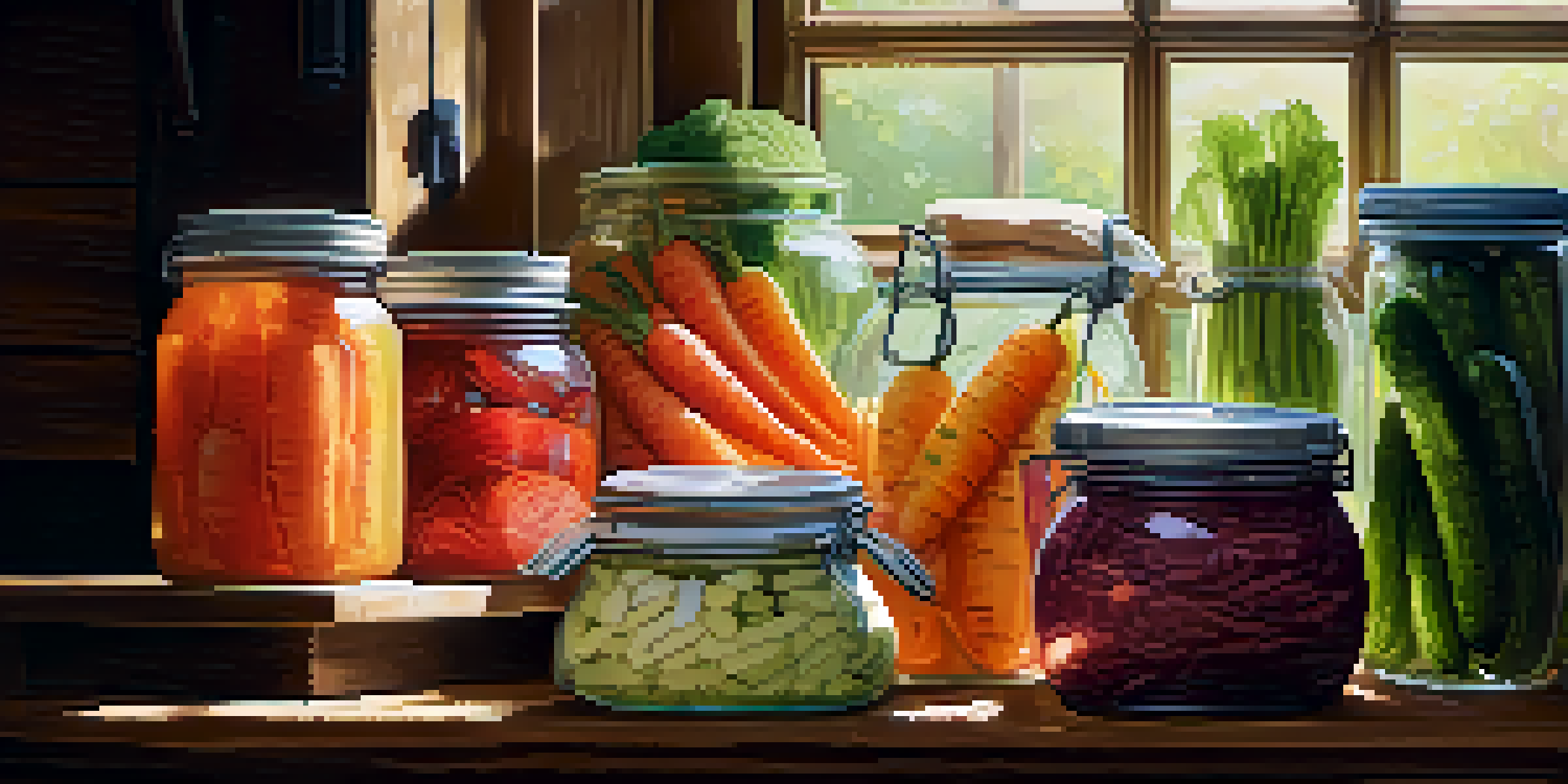 A rustic kitchen with various jars of colorful fermented vegetables on a wooden countertop, illuminated by soft natural light.