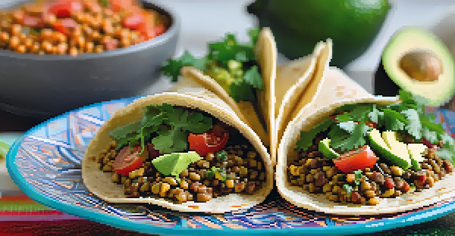 Delicious lentil tacos topped with avocado, tomatoes, and lettuce on a decorative plate, with lime and salsa on the side.