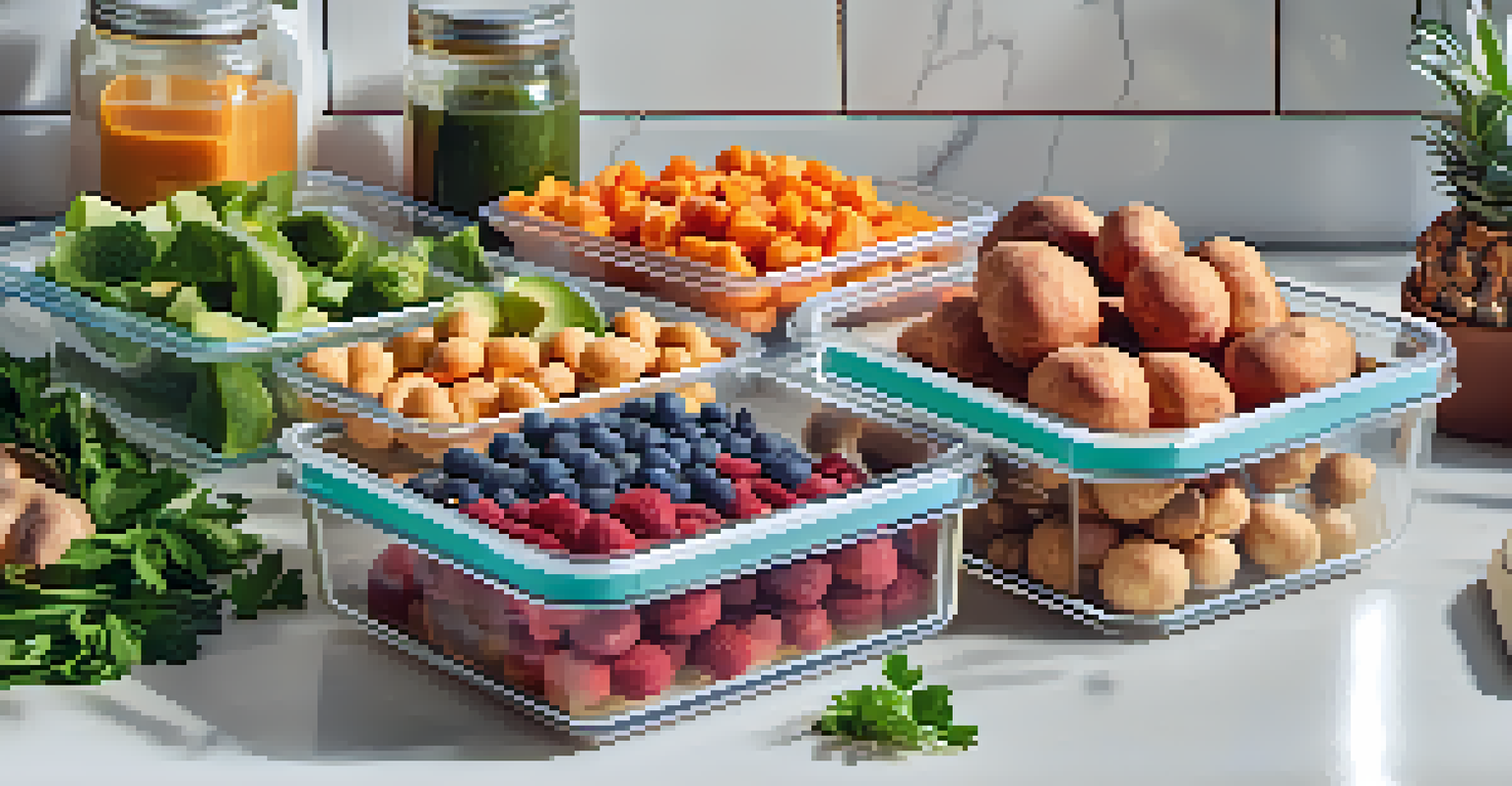 Meal prep containers filled with sweet potatoes, chickpeas, and fruits on a kitchen countertop.