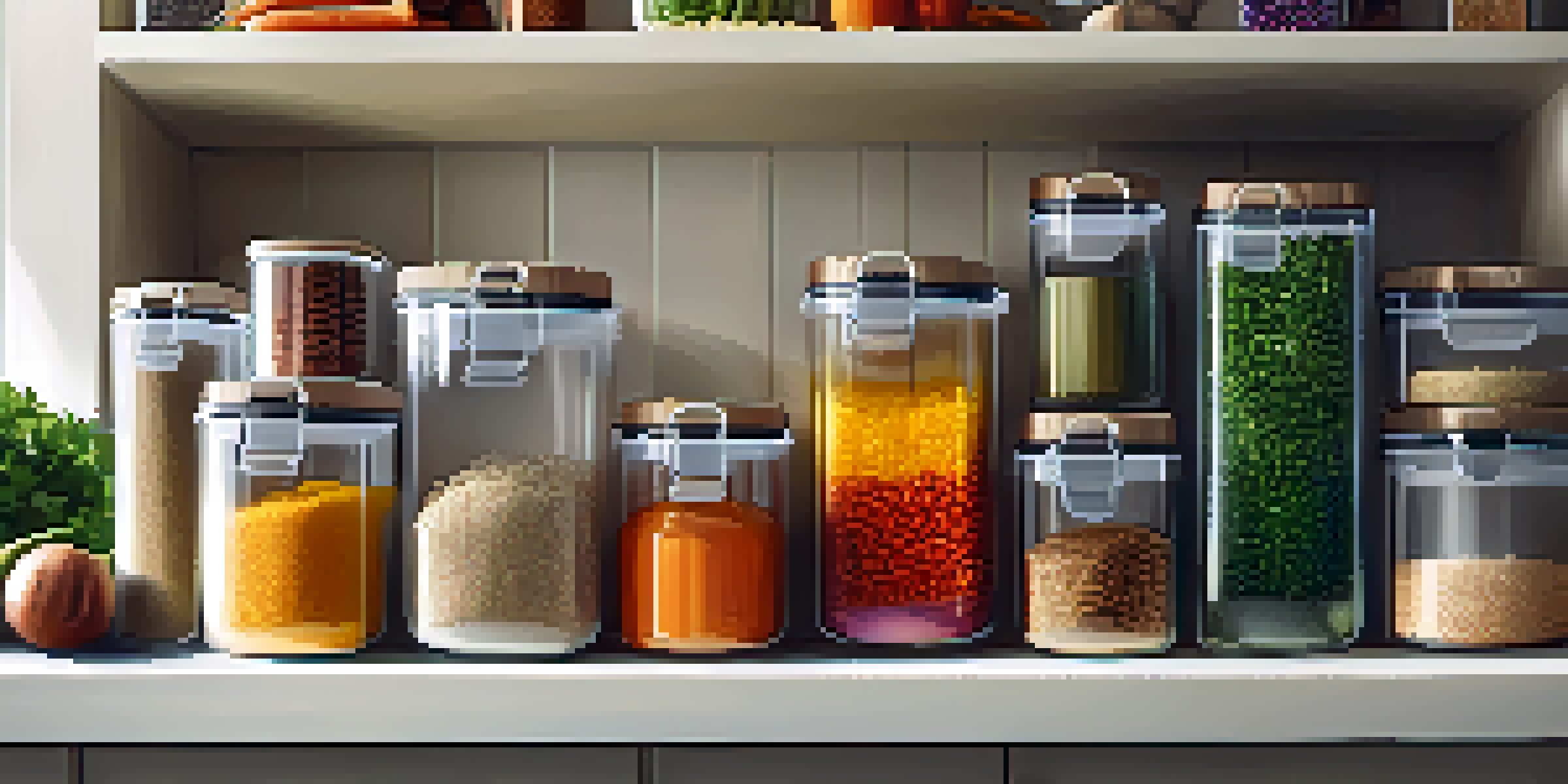 An organized kitchen countertop displaying colorful vegetables, grains, and spices in clear containers, illuminated by soft sunlight.