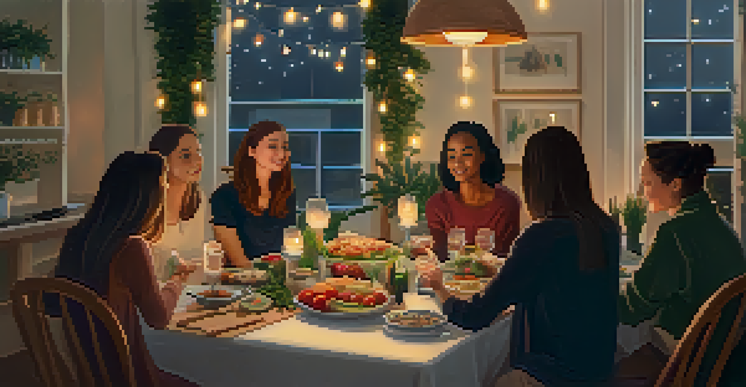 A cozy indoor vegan potluck with a beautifully arranged table and guests engaged in conversation under soft lighting.