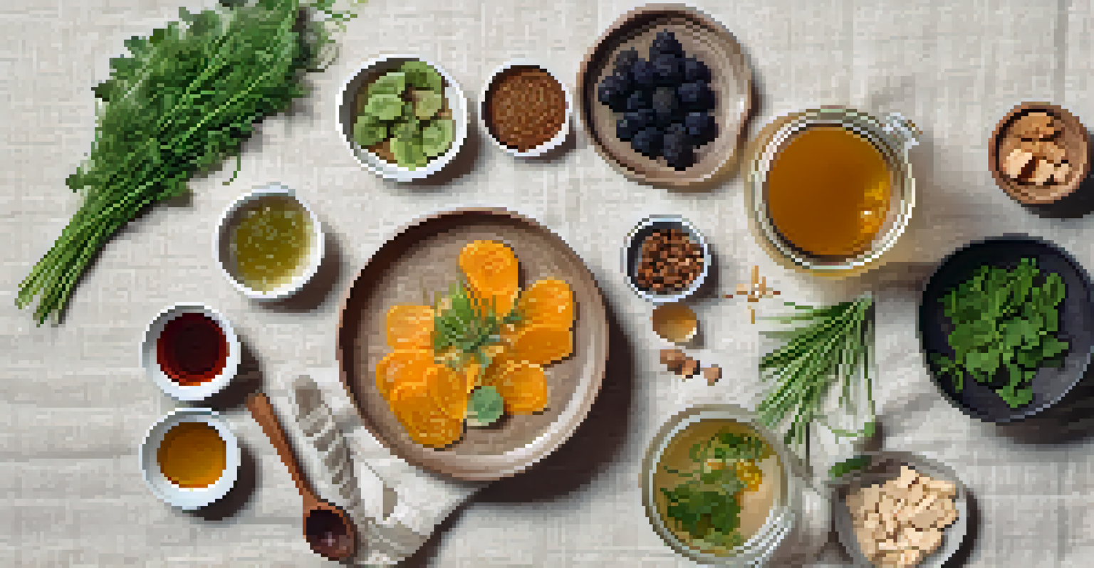 An artistic arrangement of kombucha, miso, and tempeh on a textured cloth, showcasing fermented vegan foods.