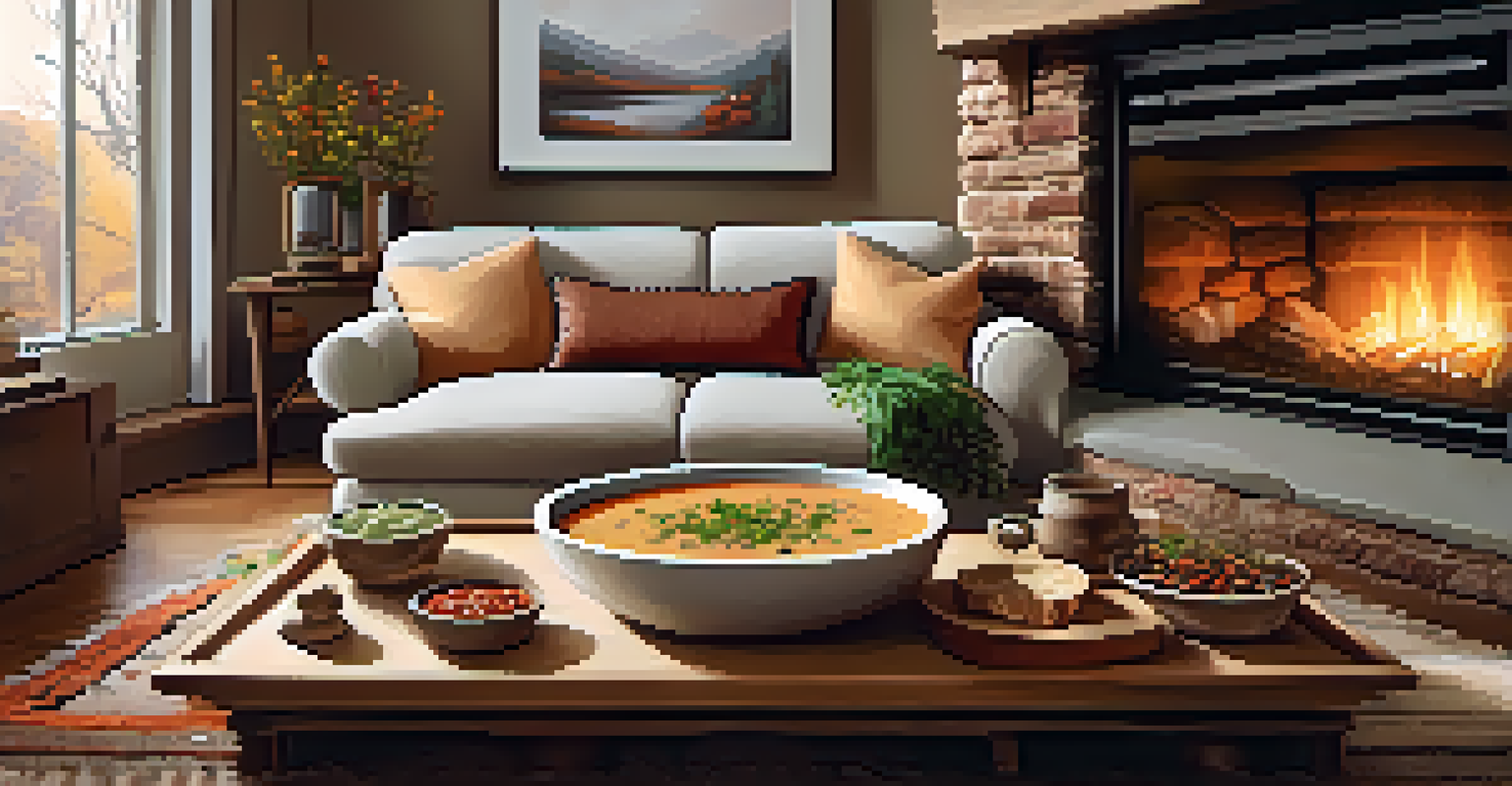 A cozy living room with a bowl of creamy vegan soup on a coffee table, surrounded by jars of mushroom medley and spicy salsa, with a fireplace in the background.
