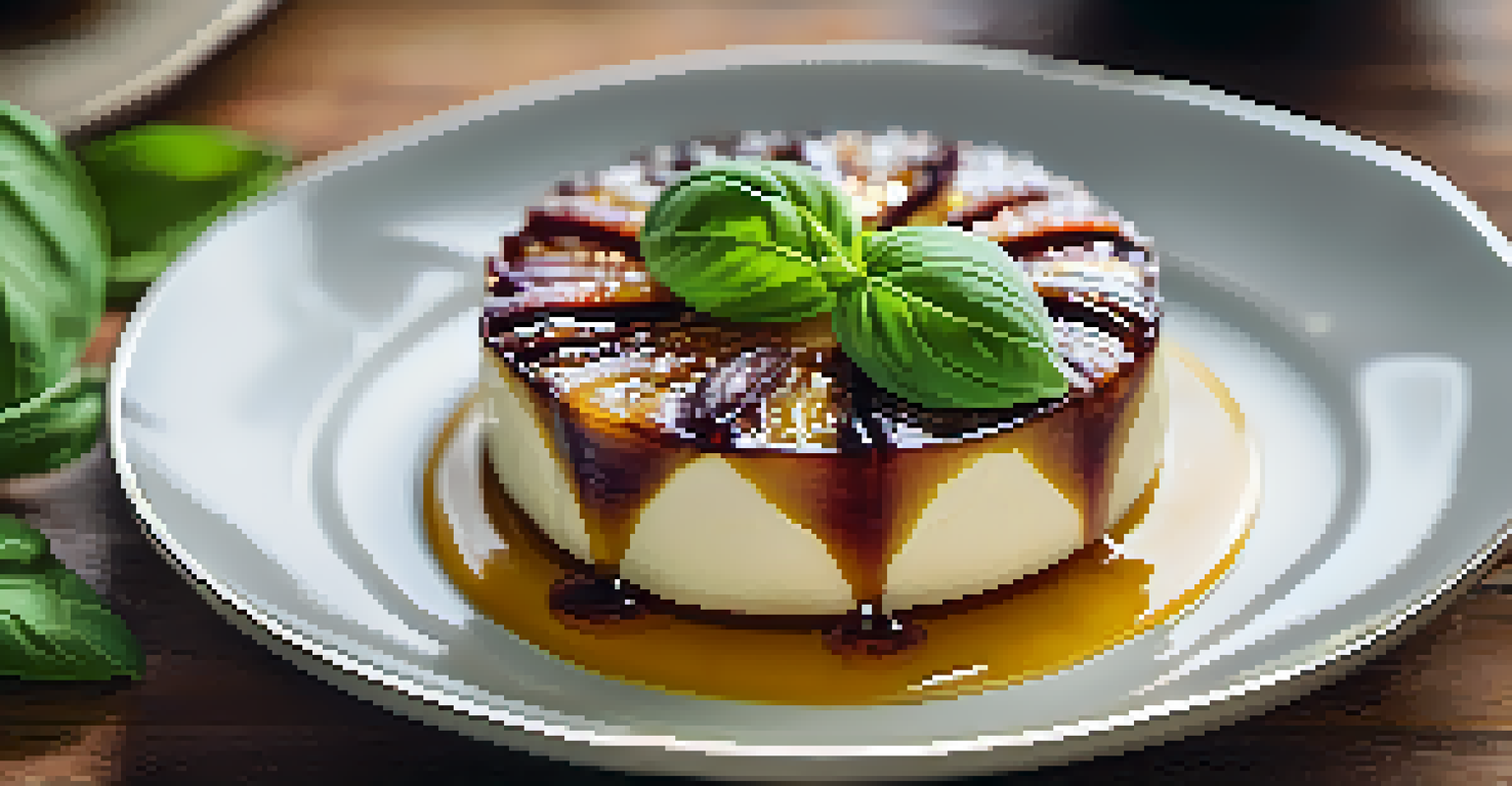 A savory-sweet tart made with figs and vegan cheese, garnished with basil leaves on a white plate.