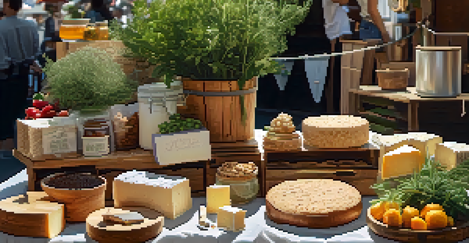 A close-up view of a vendor's table at a farmers' market showcasing homemade vegan products and fresh herbs.