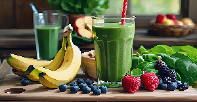 A colorful green smoothie made with spinach and kale, surrounded by fresh fruits, on a wooden table with sunlight.