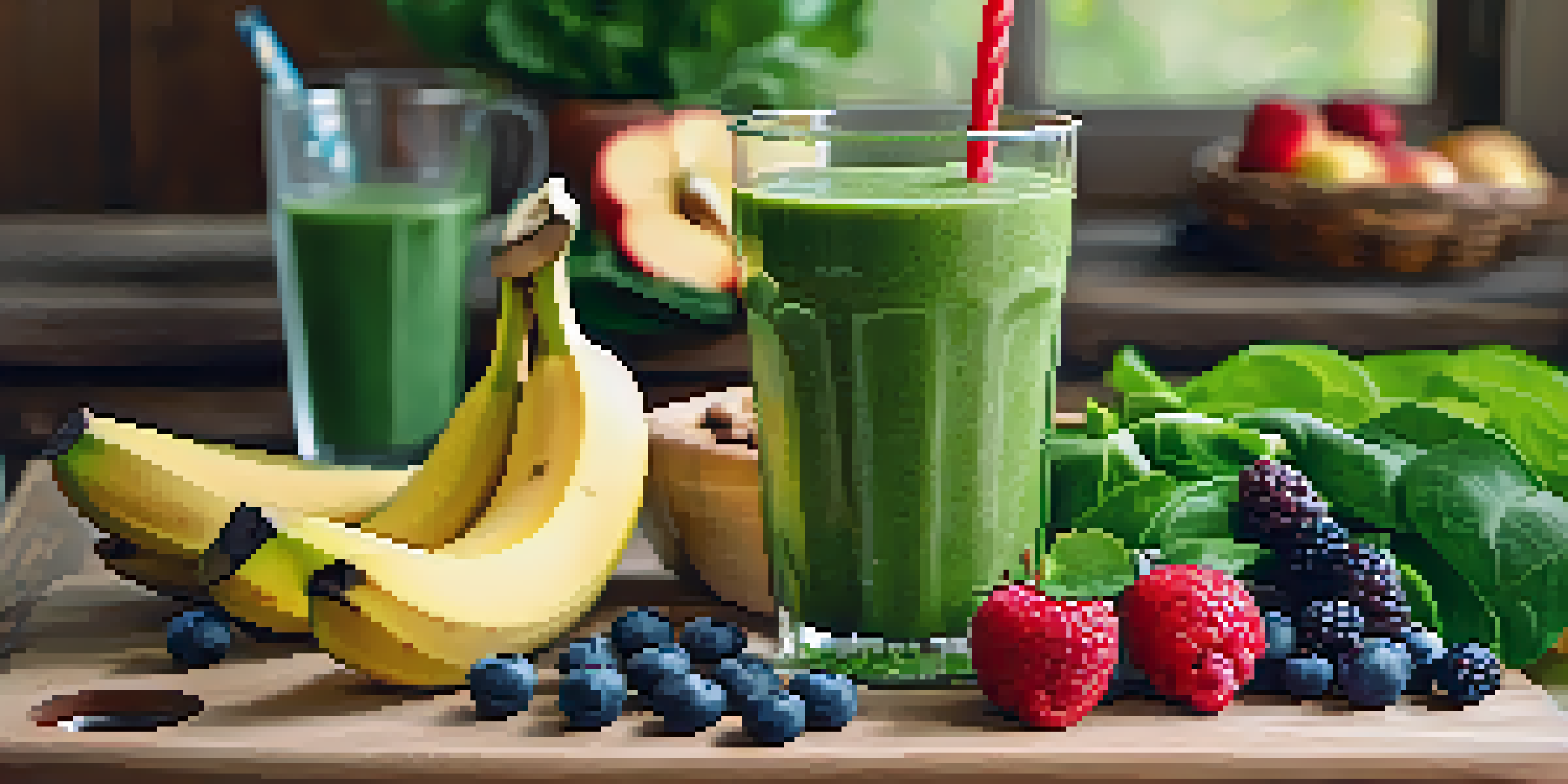 A colorful green smoothie made with spinach and kale, surrounded by fresh fruits, on a wooden table with sunlight.
