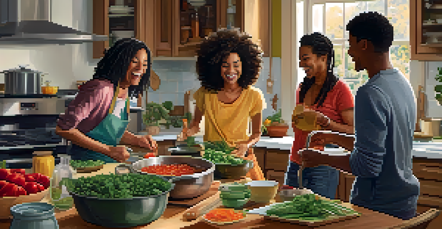 Friends enjoying a fun cooking session in a warm, inviting kitchen, preparing a vegan meal.