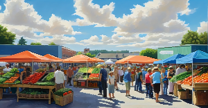 A lively farmers' market with colorful fresh produce and people interacting with farmers under a blue sky.