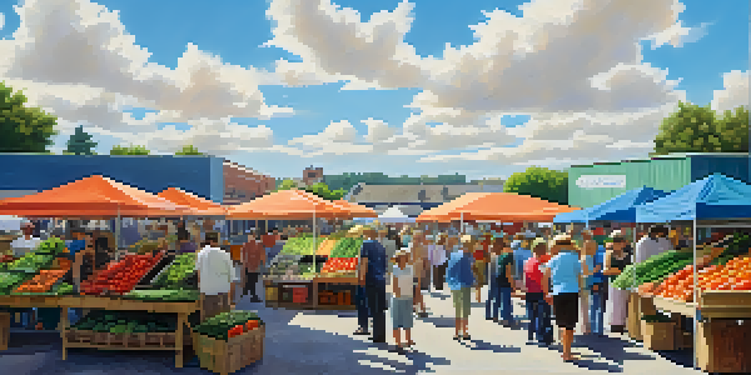 A lively farmers' market with colorful fresh produce and people interacting with farmers under a blue sky.