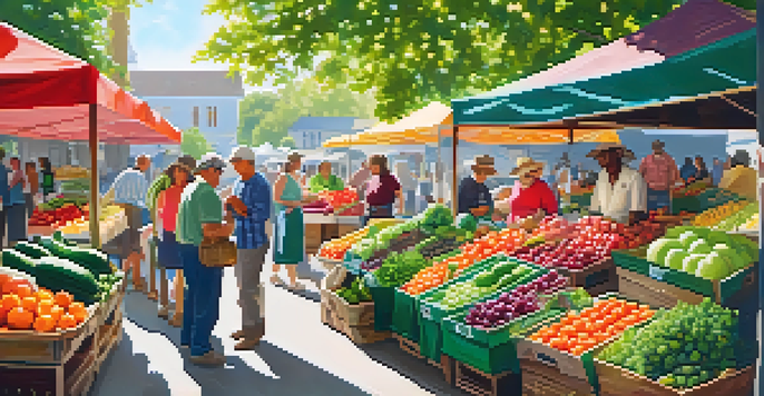 A lively farmer's market with colorful fruits and vegetables, sunlight shining through leaves, and people interacting.