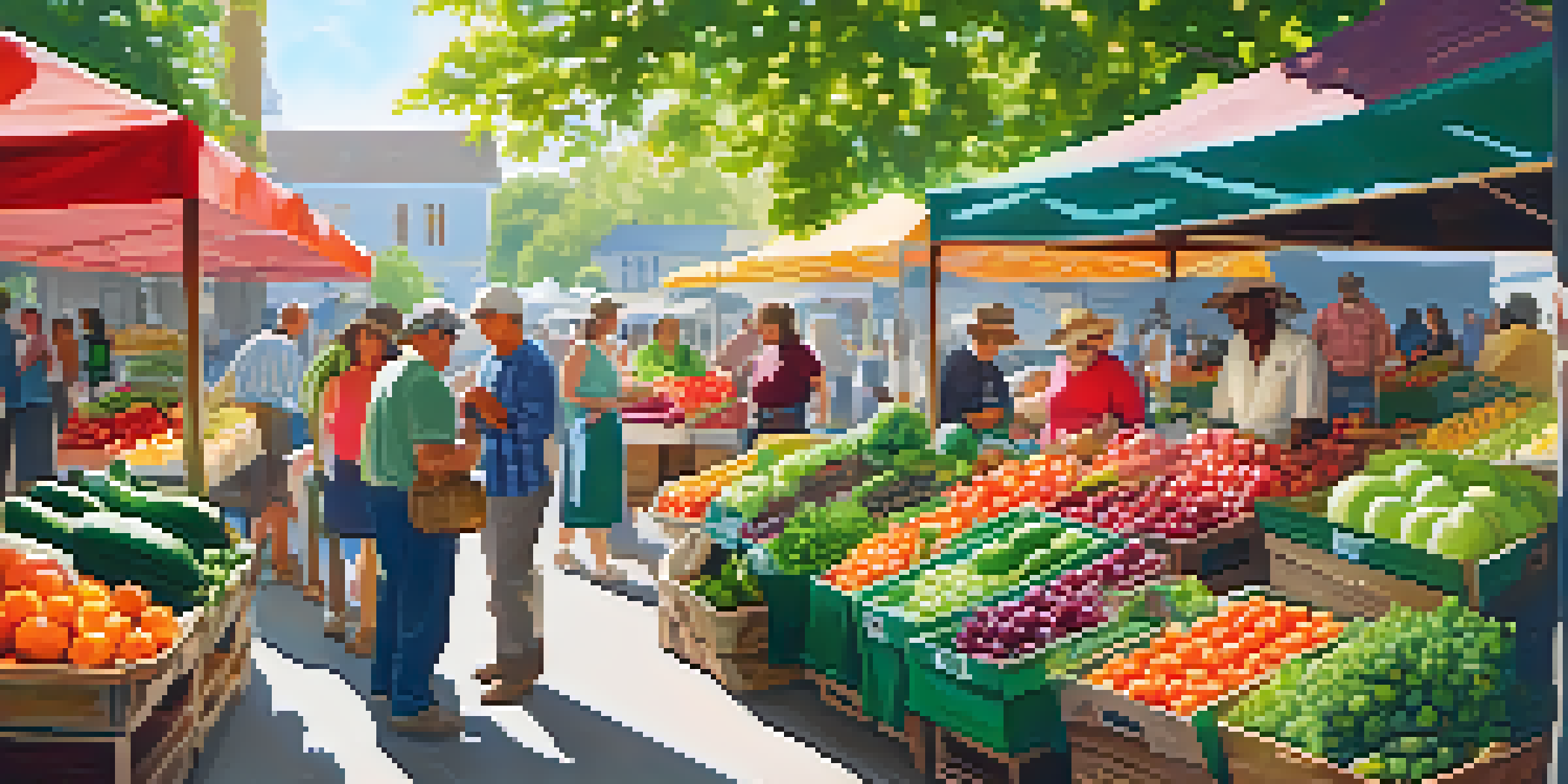 A lively farmer's market with colorful fruits and vegetables, sunlight shining through leaves, and people interacting.