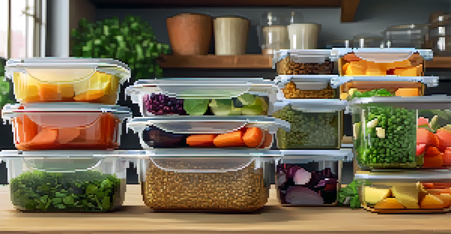 Glass storage containers filled with colorful prepped vegan meals, set on a wooden table with greens and herbs around.
