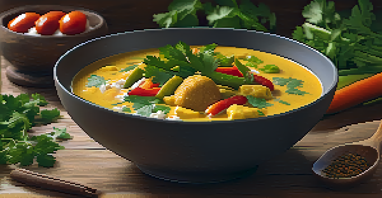 A bowl of creamy coconut milk curry with colorful vegetables and fresh herbs on a wooden table.