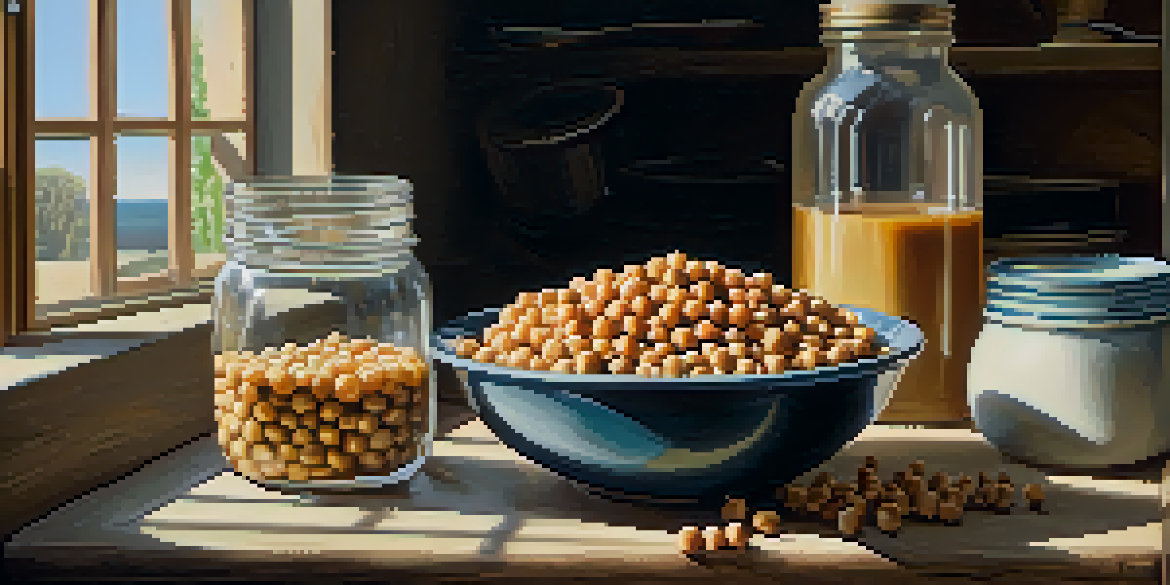 A rustic kitchen with a bowl of chickpeas and a jar of aquafaba, bathed in sunlight with wooden textures.